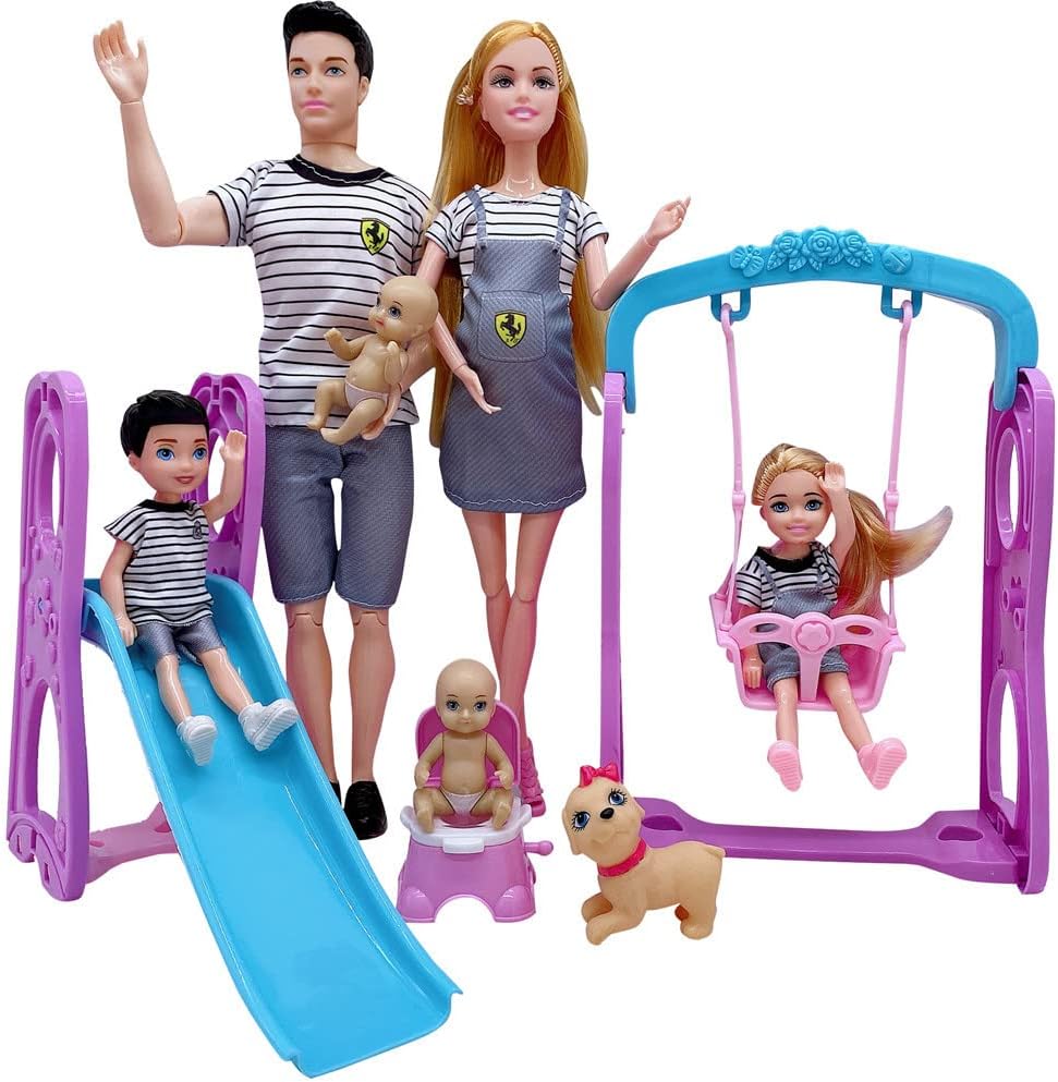 Family Dolls Set of 6 People with Pregnant Mom Dad 3 Kids and Baby Boy in Mommy's Tummy, Doll Playsets and Accessories for 3-12 Years Old Toddlers Gift(Update)