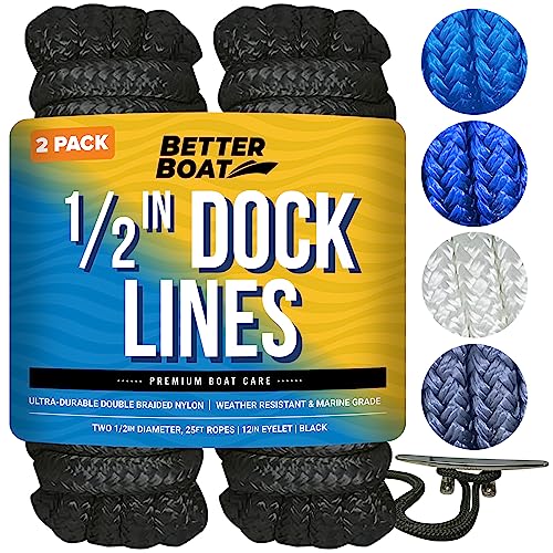 Image of Dock Lines for Boats 1 /2 inch x 25ft, 2 Pack Double Braided Nylon Boat Rope | 12 inch Loop, Marine Grade Mooring Line for Docking, Black, Better Boat