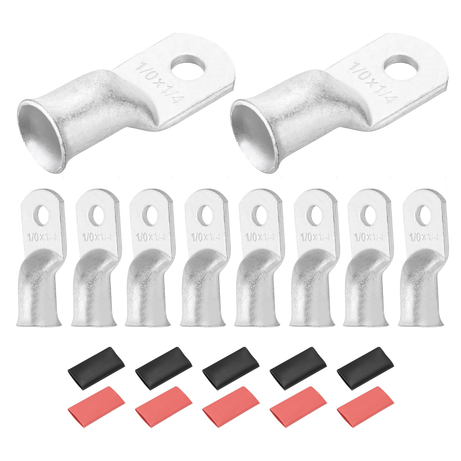 DMiotech 10 Pcs 1/0 AWG - 1/4" Tinned Copper Cable Lugs, Battery Cable Ends, Heavy Duty Copper Wire Lugs with 10pcs Heat Shrink Tubing for Electrical Projects, Silver