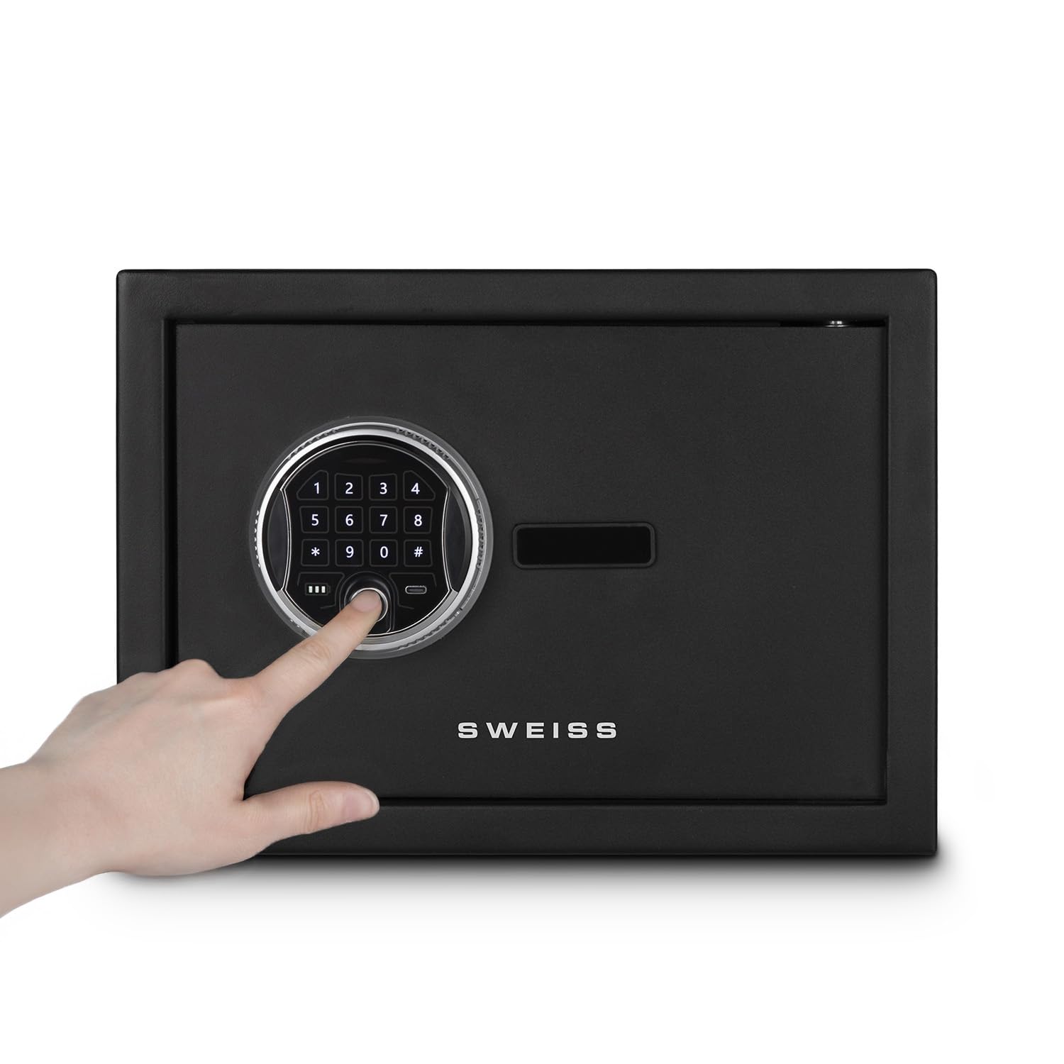 SWEISS Coffre-​Fort Électronique - Empreintes Digitales, Clés & Code, SXT7260-​12L, Sécurité 3 en 1, Acier Renforcé, Affichage Digital, Éclairage LED, USB Type-​C, 2 Clés de Secours – Noir