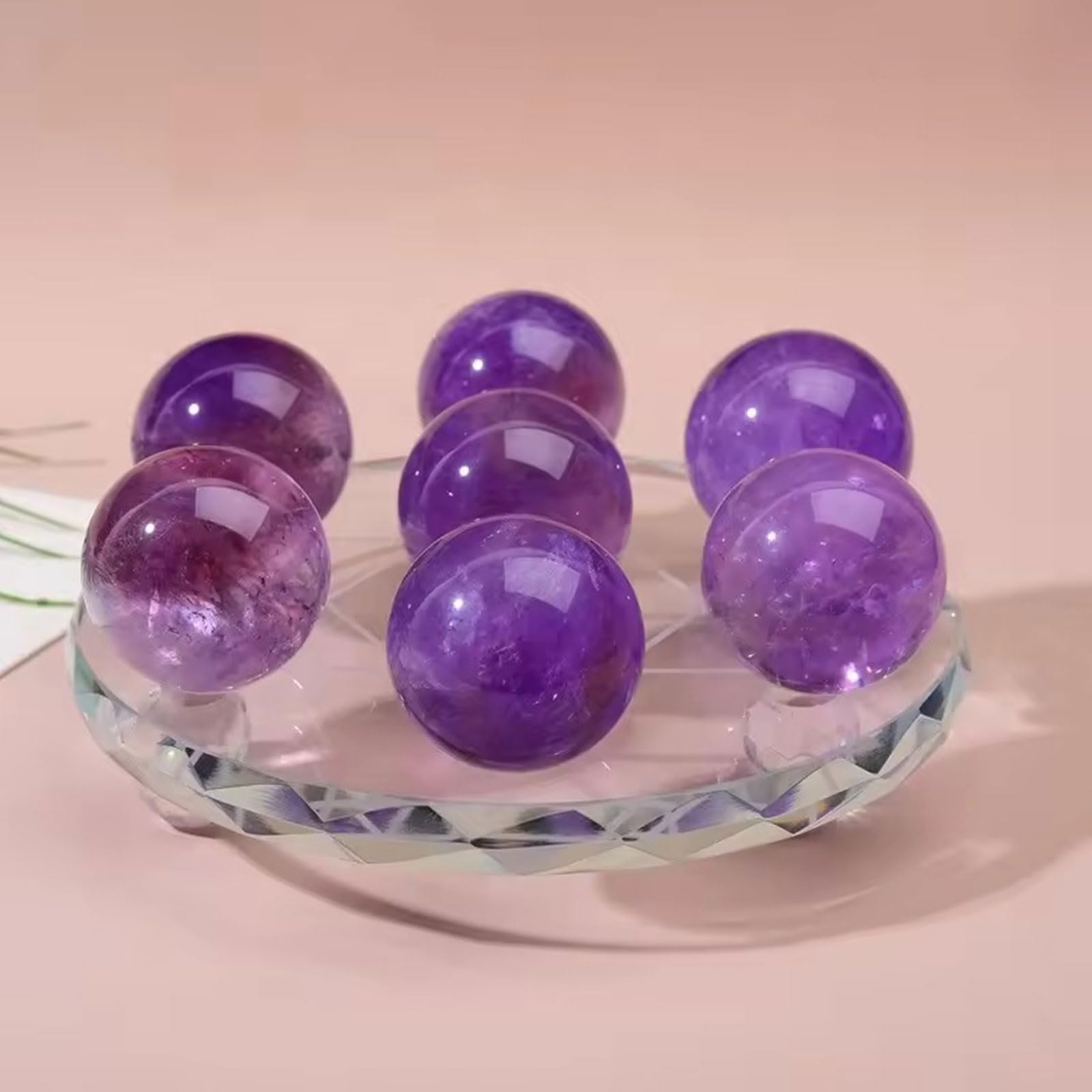 Set de 7 esferas de Amatista con Soporte | 7 esferas de amatista natural/Soporte acrílico/Sanación de chakras/Reiki y meditación/Decoración/Regalo