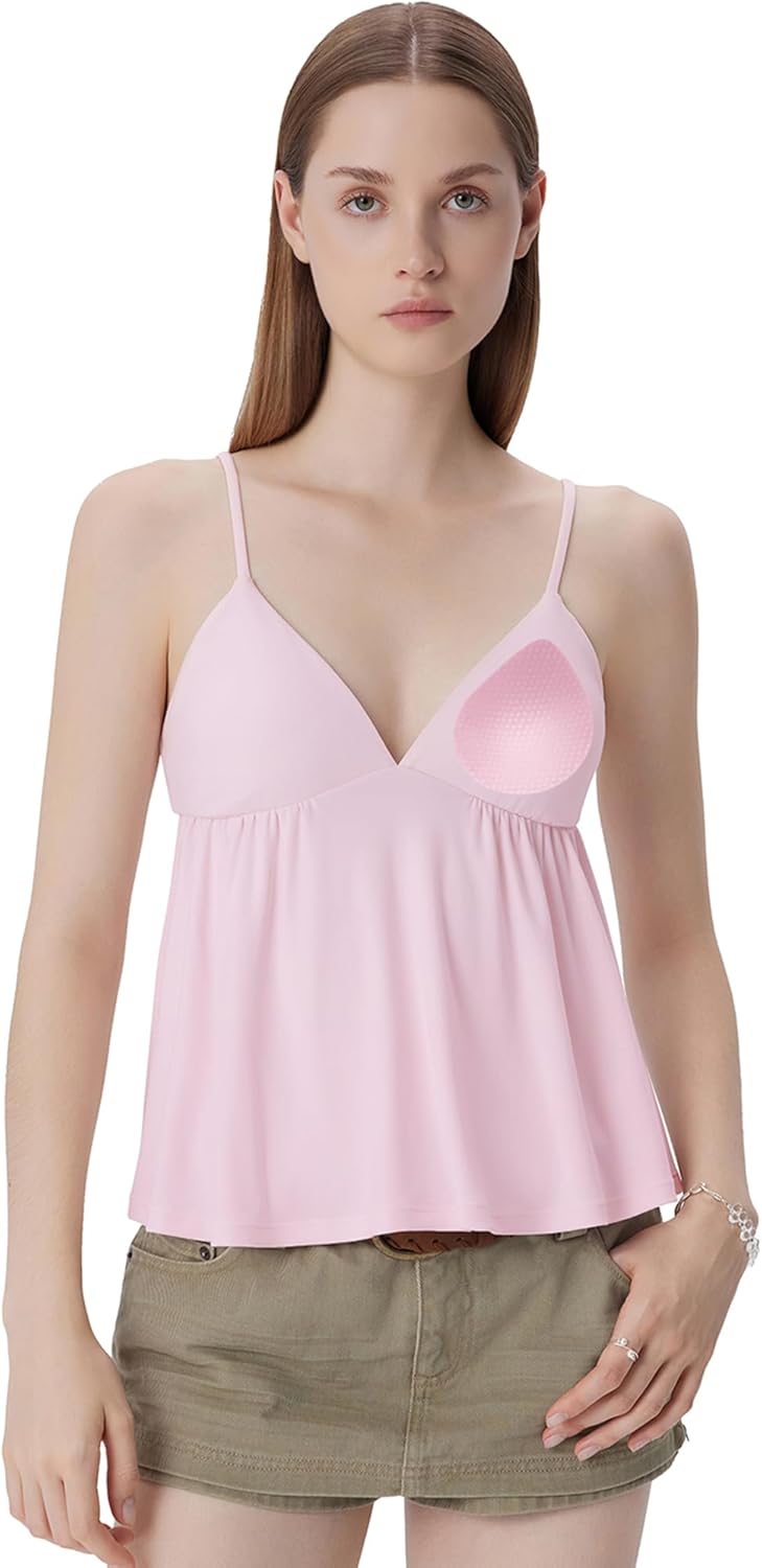 SUUKSESS Women V Neck Babydoll Tank Tops with Built in Bra Summer Cute Peplum Cami Going Out Tops