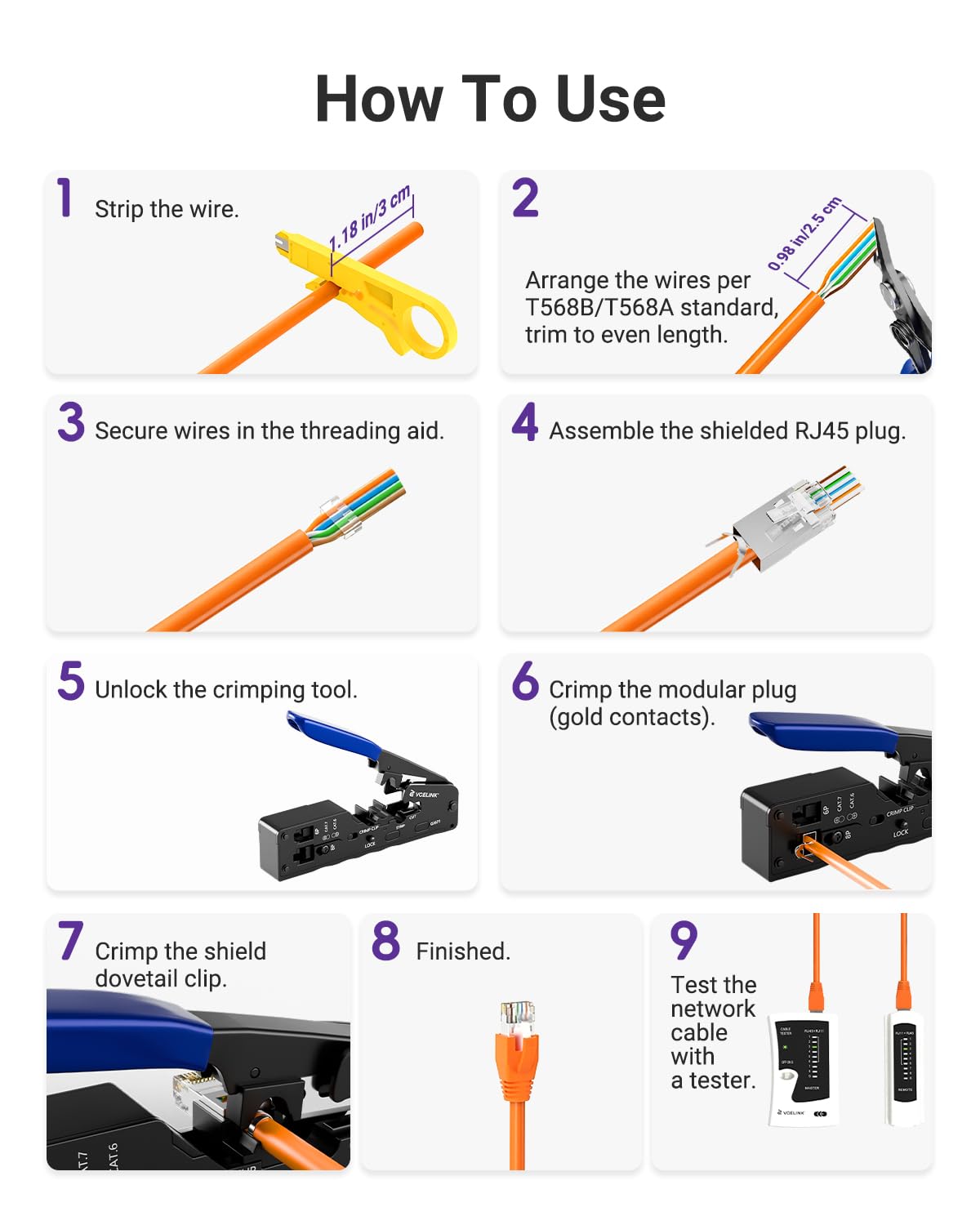 VCELINK Professionnel Network d’installation Kits, Pince à Sertir RJ45 avec 20 Connecteurs RJ45 Cat7/Cat6a Pass Through, Testeur RJ45, Mini Pince à dénuder Pour, RJ45, Sac en Tissu