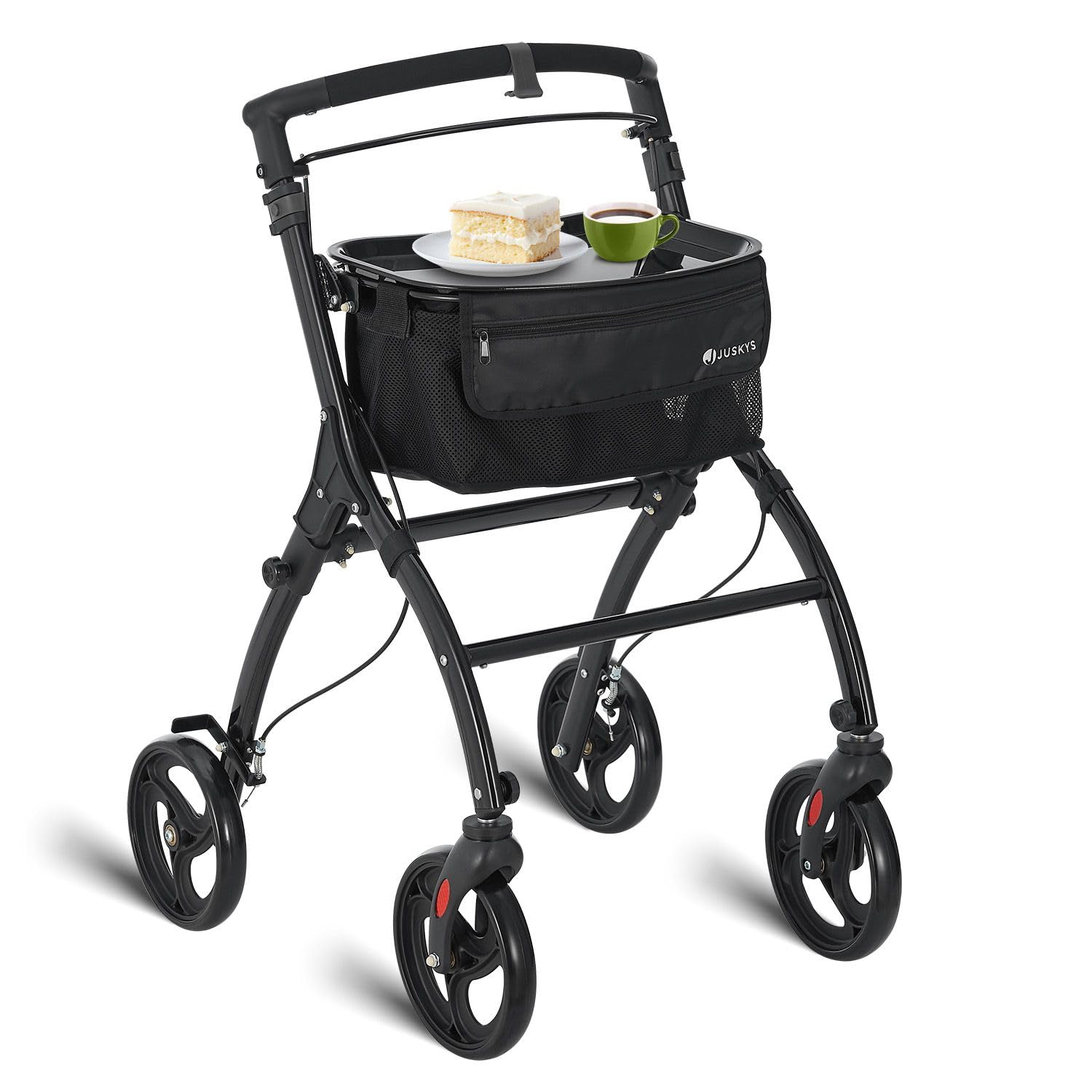 Juskys Aluminium Wohnungsrollator Aktiv mit Transporttasche & Tablett - Indoor Rollator schmal, leicht & faltbar - Gehhilfe für Senioren - Schwarz