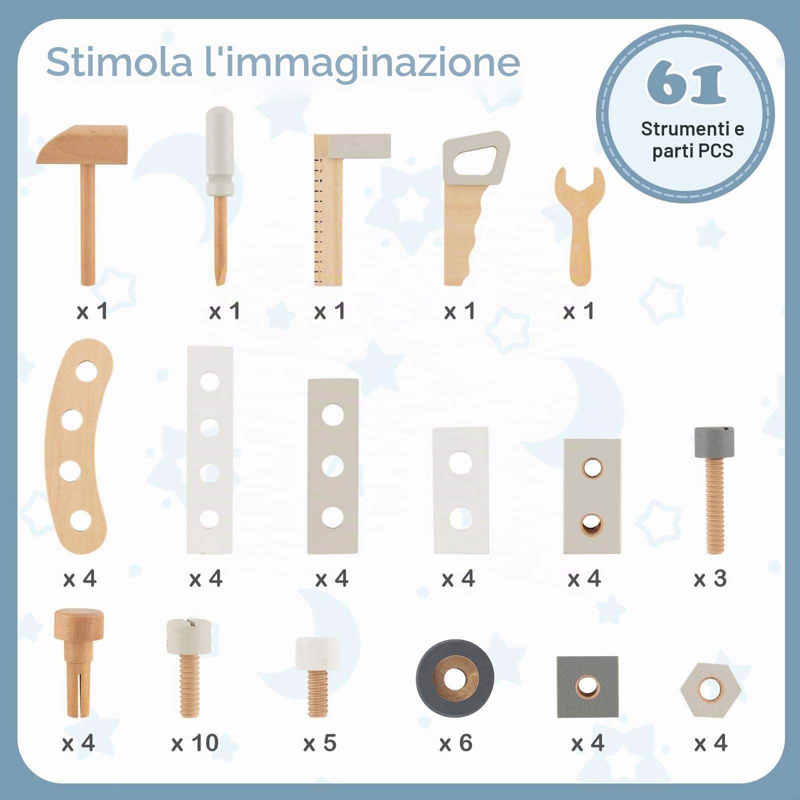 RELAX4LIFE Banco da Lavoro per Bambini, Banco degli Attrezzi in Legno con Lavagna, 61 Attrezzi e Parti, Mini-Lavoratori, Giochi Costruzione Educativi per Bambini 3 4 5 6 Anni