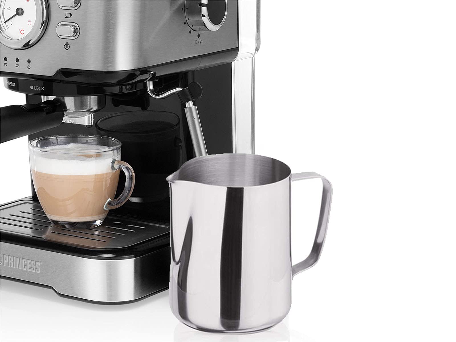 Máquina de café y cápsula con espumador de leche para capuchino, latte y espresso macchiato, 20 bares, color negro con acero inoxidable