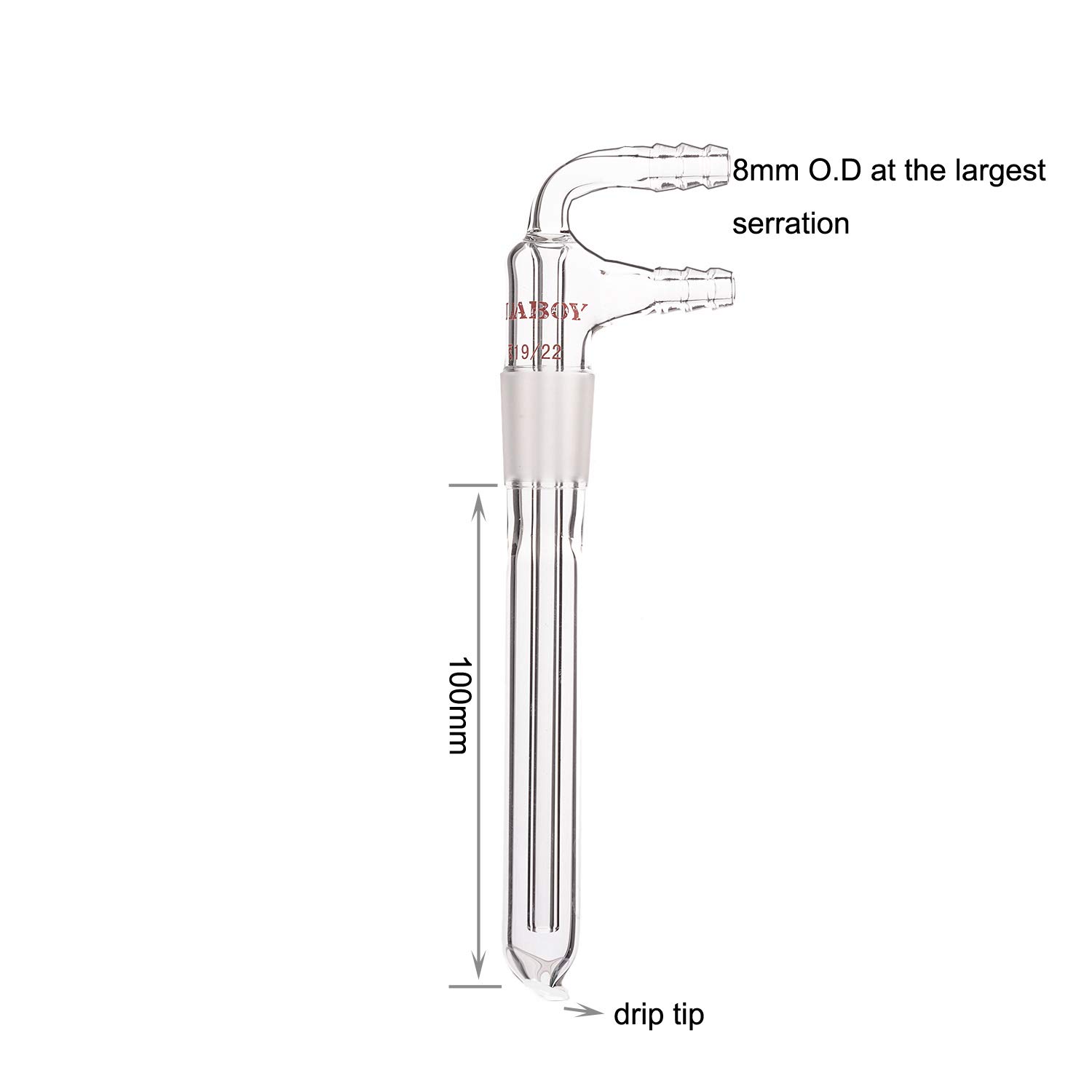 Laboy Glass Cold Finger Condenser, 100 mm Length Below 19/22 Inner Joint, Borosilicate 3.3, 8 mm Hose Connections, with Drip Tip, for Sublimation, Reflux and Cold Trap Applications