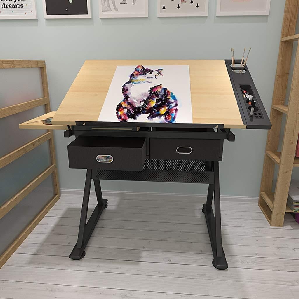 Height Adjustable Drawing Desk, Tiltable Craft Table with Storage, Maple Panel Art Desk for Home Office, Drafting Table with Steel Frame