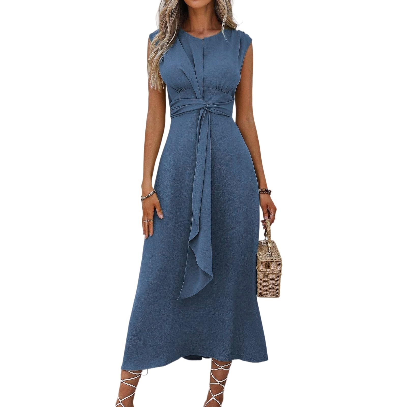 Vestito Abito da Donna A-Line Midi - Senza Maniche, Cinturine Anteriori Sottili, Design A Cintura, Perfetto per l'Abbigliamento Estivo Casual E Serale-Blue-m