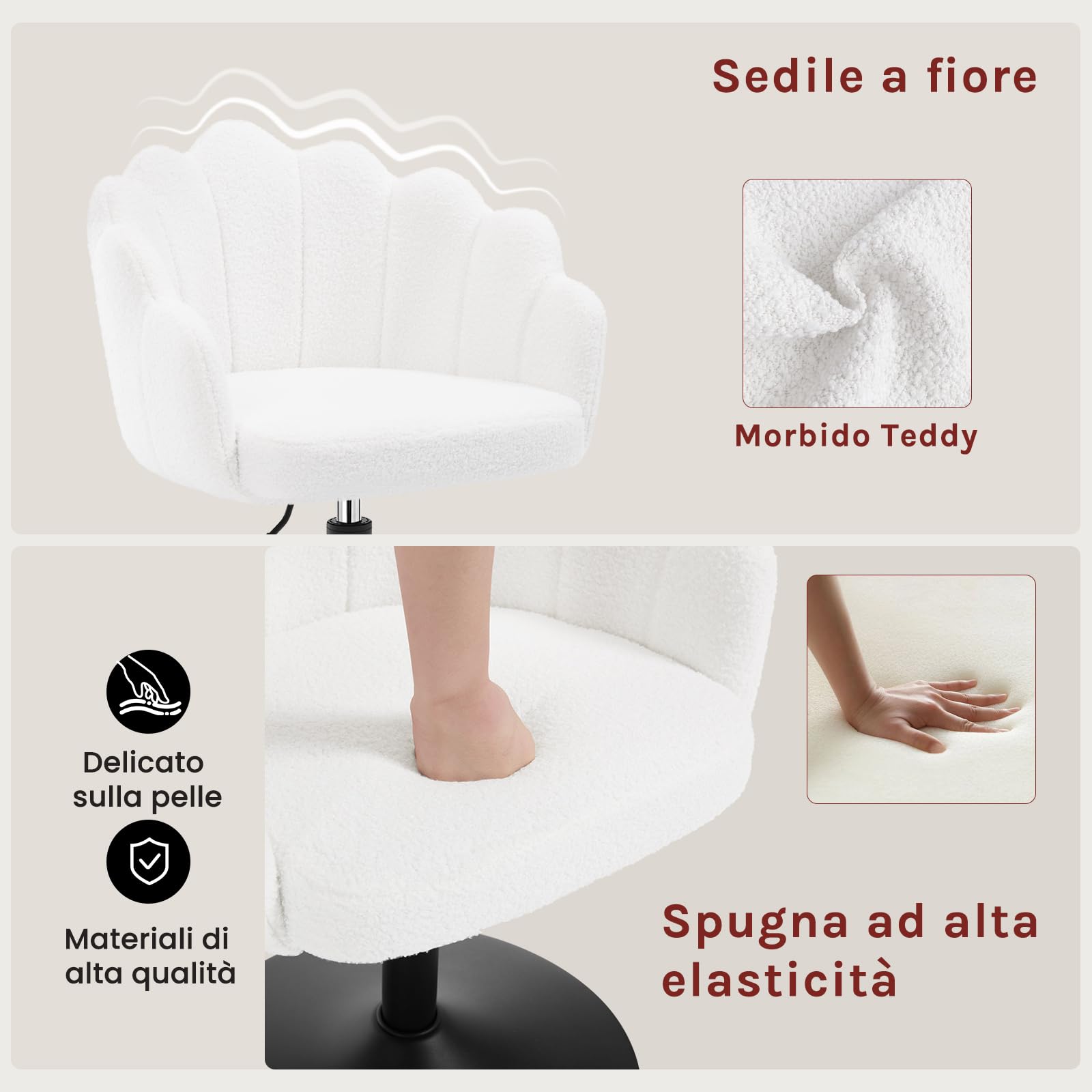 WOLTU Sedia da Trucco, Poltrona Girevole in Tessuto Bouclé, Sgabello da Trucco Regolabile in Altezza per Camera da Letto, Soggiorno, Bianco