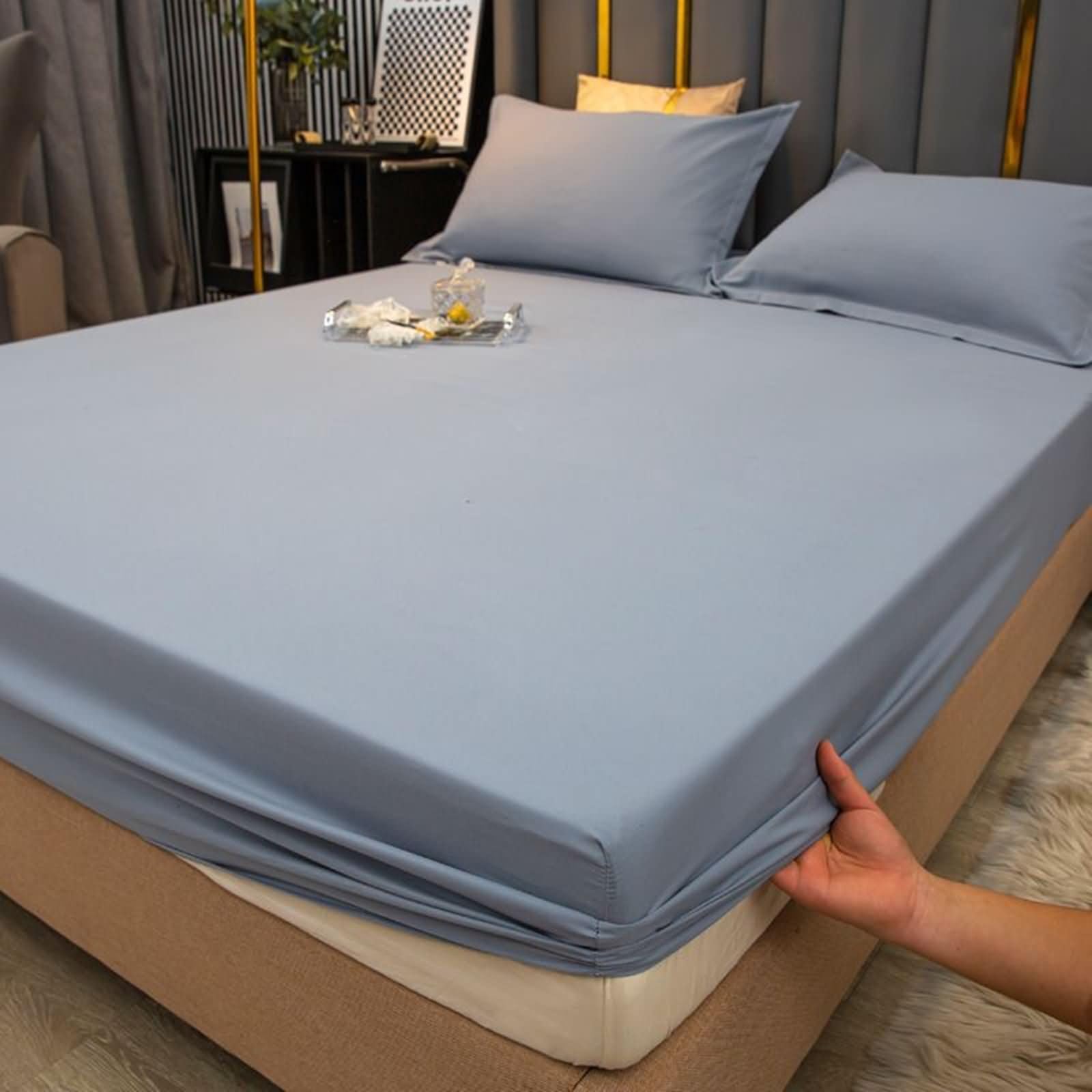 Gualiy Super King Fitted Sheet and 2 Pillowcase Set, Solid Color Bottom Bed Sheet Bamboo Fiber Non Slip Fitted Sheets 180x200cm, Light Gray Blue