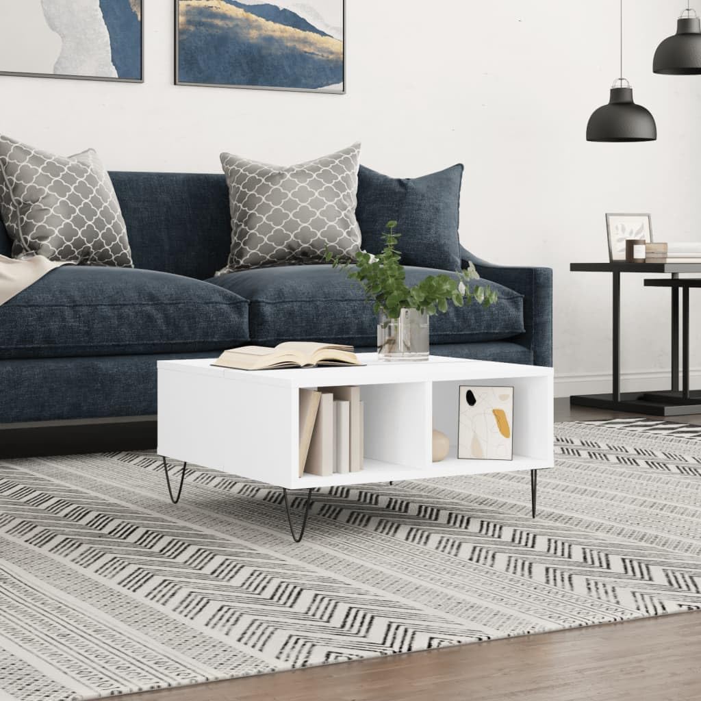 Table basse blanche avec rangement pour ranger les affaires du salon