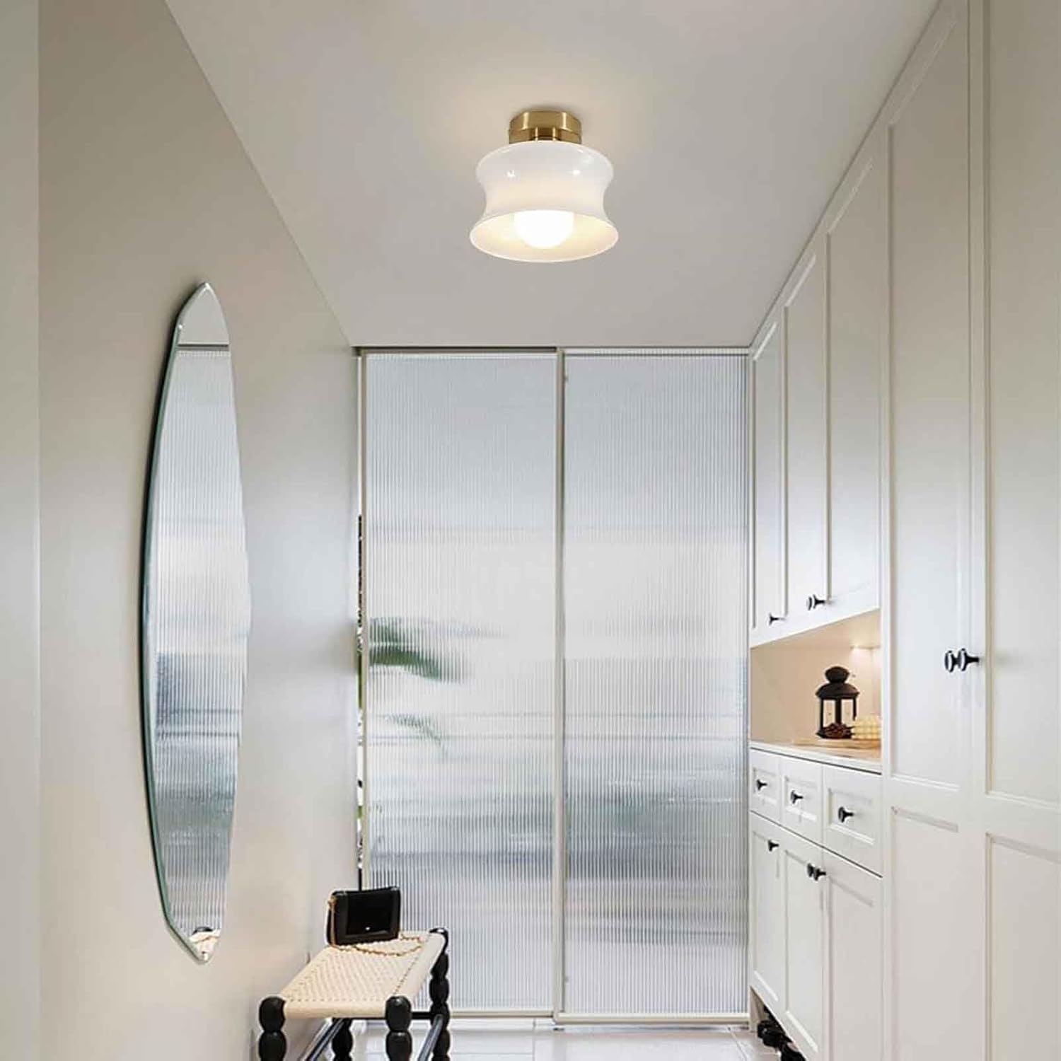 Modern Ceiling Light, Milk Glass E27 Hallway Ceiling Light Fixtures, Semi Flush Mount Vintage Gold Small Ceiling Light, Nordic Bathroom Ceiling Lamp for Bedroom
