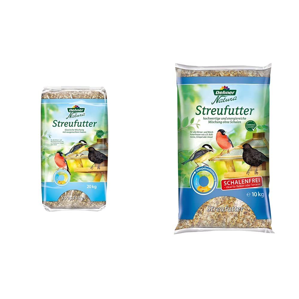 Dehner Natura Wildvogelfutter, Streufutter, 20 kg & Natura Wildvogelfutter, schalenfreies Streufutter, 10 kg