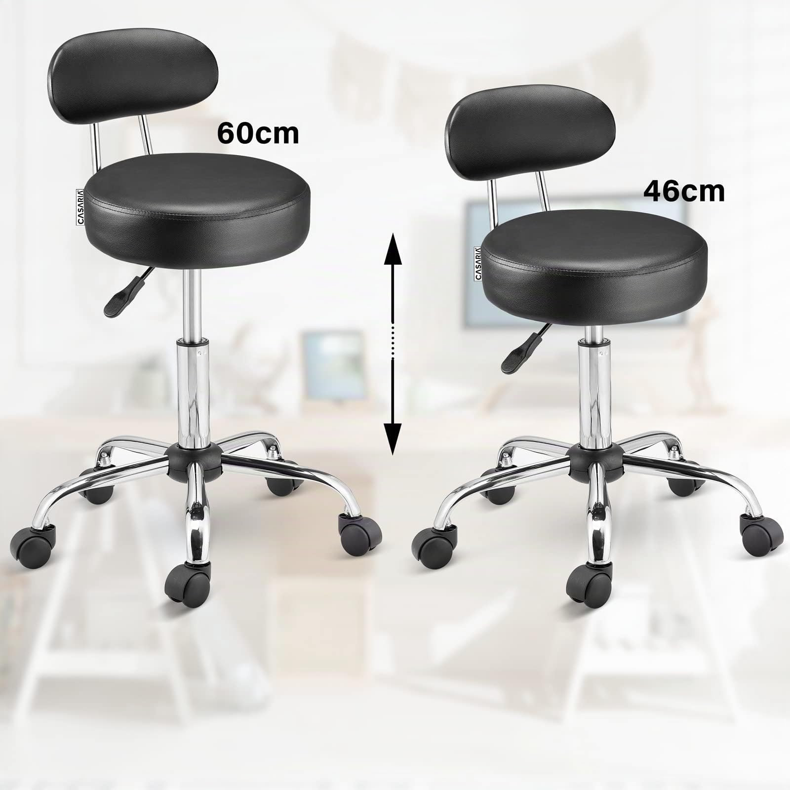 CASARIA® Taburete Oficina Giratorio 360° con Ruedas Respaldo Silla Escritorio Trabajo Altura Ajustable 46-60cm Asiento 10 cm Grosor Resistente Negro