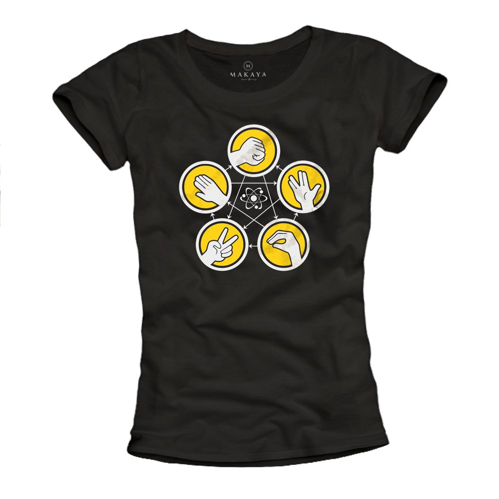 Makaya Women's Black Rock Paper Scissor Lizard Spock - Sheldon T-Shirt ´S Funny Nerd Theory L