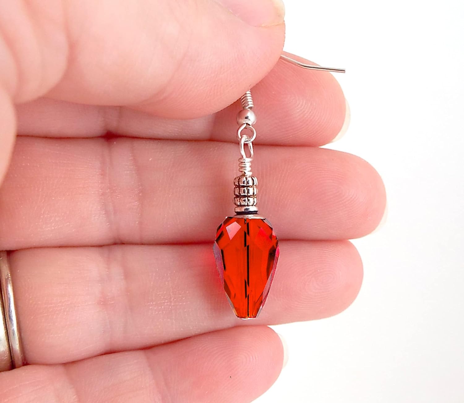 Red Christmas Tree Light Bulb Crystal Dangle Pierced Earrings with Sterling Silver Ear Wires