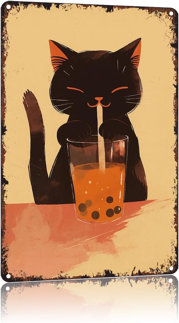Vintage Black Cat Bubble Tea Poster Retro Japanese Boba Tea Funny Metal Sign 8x12 Inch For Bathroom Bedroom Home Wall Decor