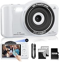 Digital Camera, 4K WiFi 75MP Compact Camera with Touchscreen 16X Zoom, Autofocus Vlogging Travel Camera, 32GB SD Card for Teens Boys Girls Beginners (White)