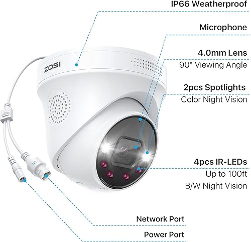 Miniatura 9 de ZOSI Sistema de cámara de seguridad PoE de 8 canales 4K con audio, 6 cámaras IP de 8 MP con audio de 2 vías resistente a la intemperie, cámara domo