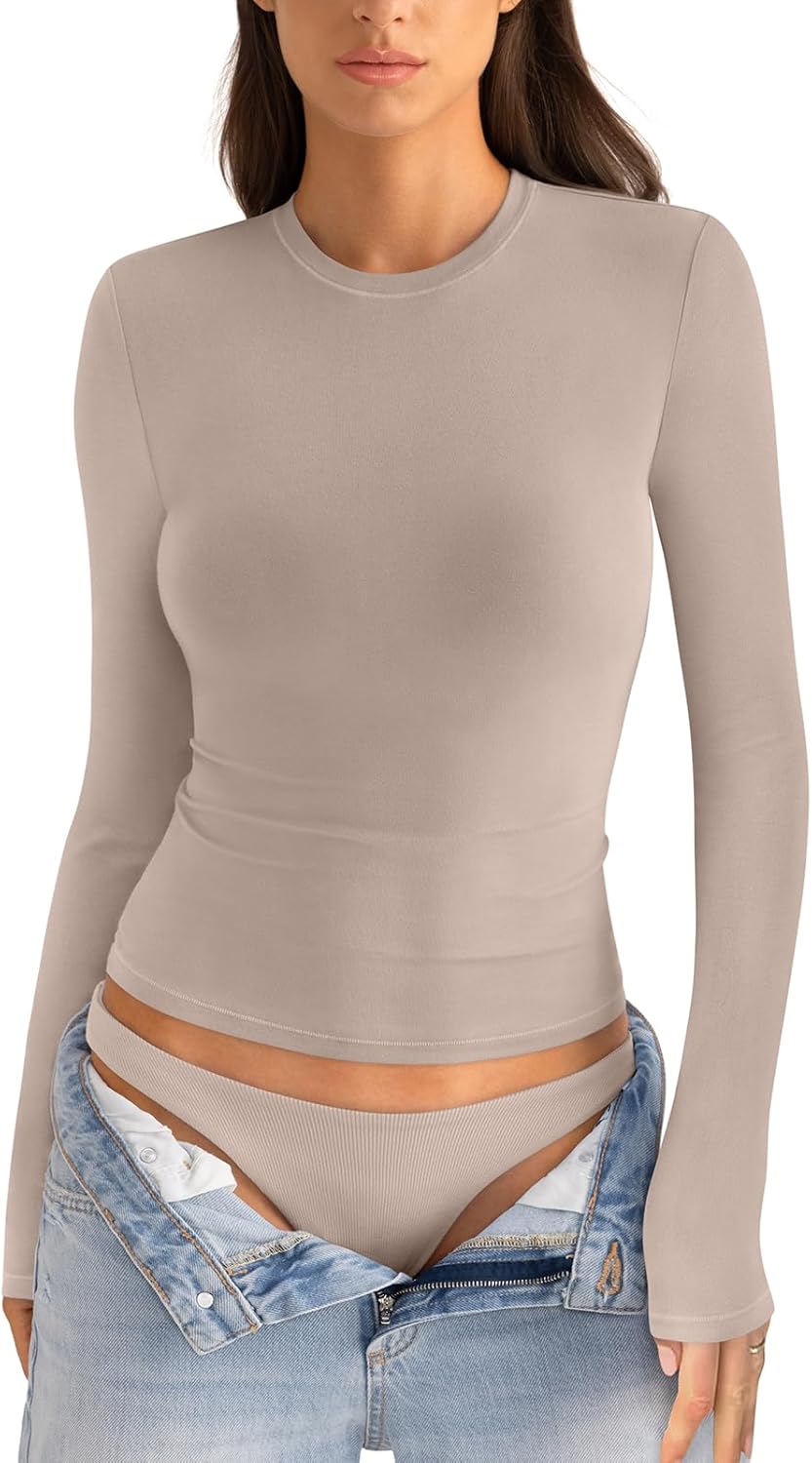 Womens Cotton Long Sleeve Shirts Crew Neck Fitted Basic Going Out Outfits Undershirt Spring Fall Clothes 2025