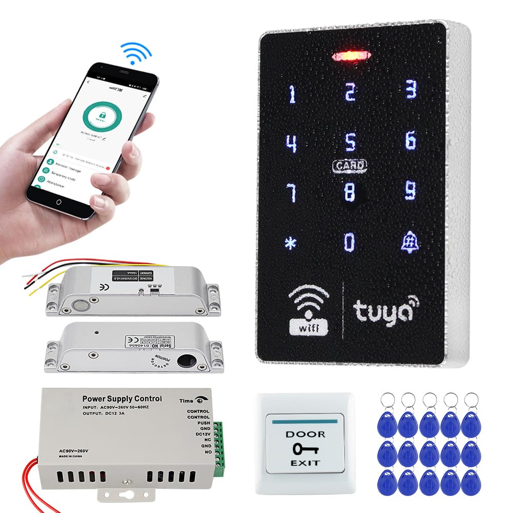 FUSYTULY WiFi Wireless Access Control System Kit Sets 125KHz 13.56MHz Waterproof RFID Keypad + DC12V3A Power Supply + Electric Drop Bolt Lock, Tuya Smart APP Remote Control