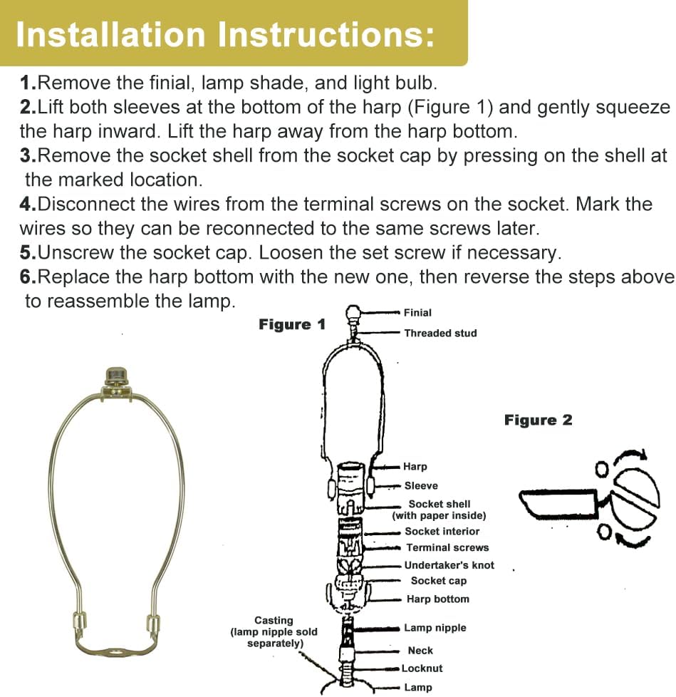 9.45 Inch Lamp Shade Harp Kit, Gold Detachable Holder with 2 Bases