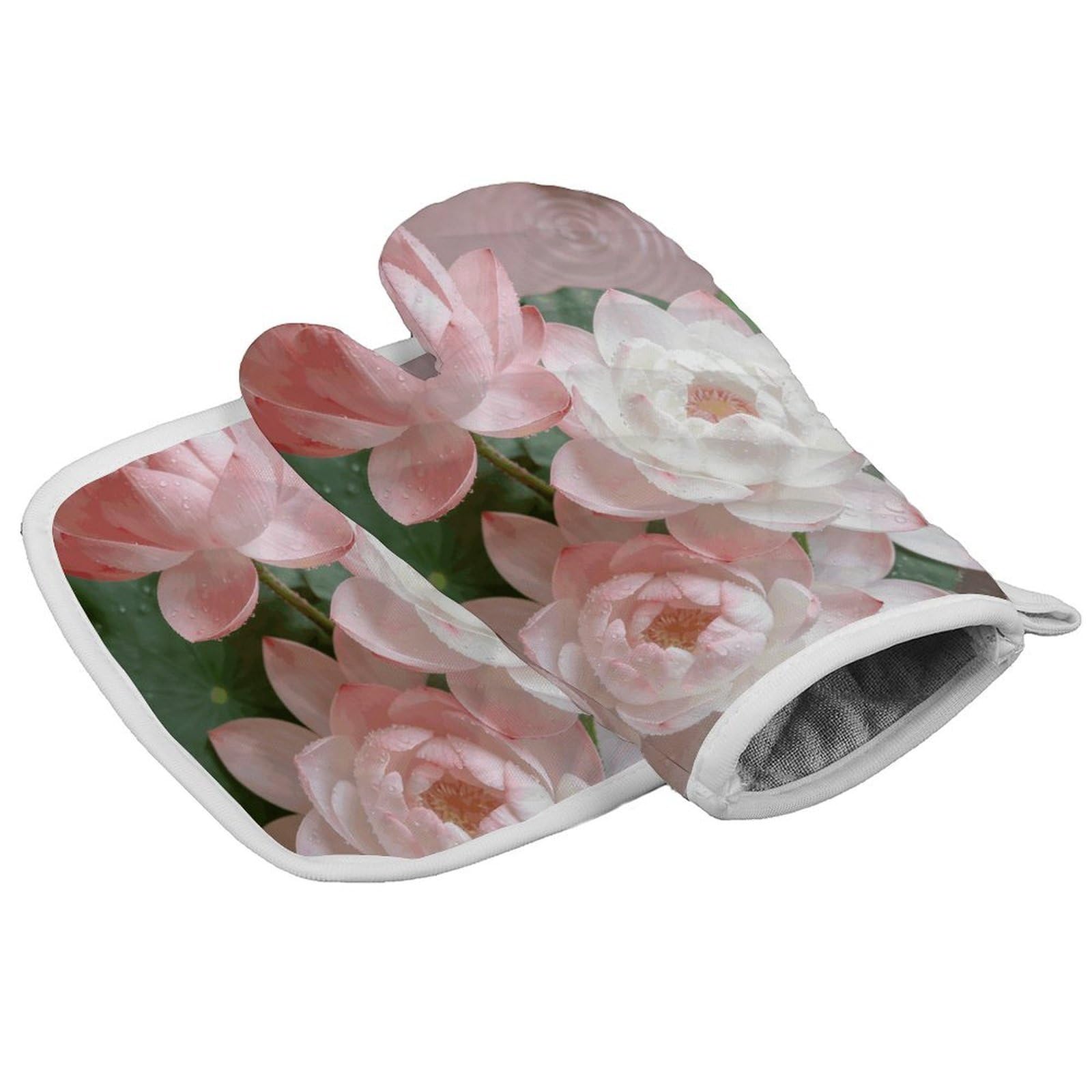 Fodpand Style Pink And White Lotus Flower Oven Mitt Set With Lanyard, Cooking Mitt, Protective Thermal Insulation,Kitchen Mitt For Baking, Cooking, Grilling, Microwave