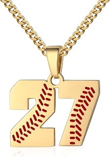 Hatti Doris Baseball Number Necklace for Men 00-99 - Jersey Number Necklace with Stainless Steel Gold Plated Chain & Baseball Charm Pendant