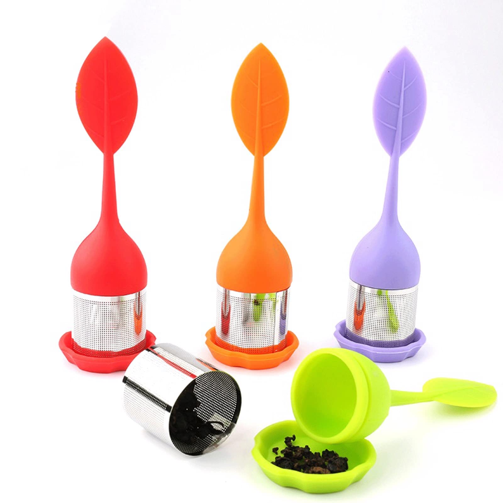 Colador de té infusor de té, filtro de té de malla fina de acero inoxidable con mango de hojas de silicona sin BPA y bandeja de goteo para todo el té de hojas sueltas (azul)