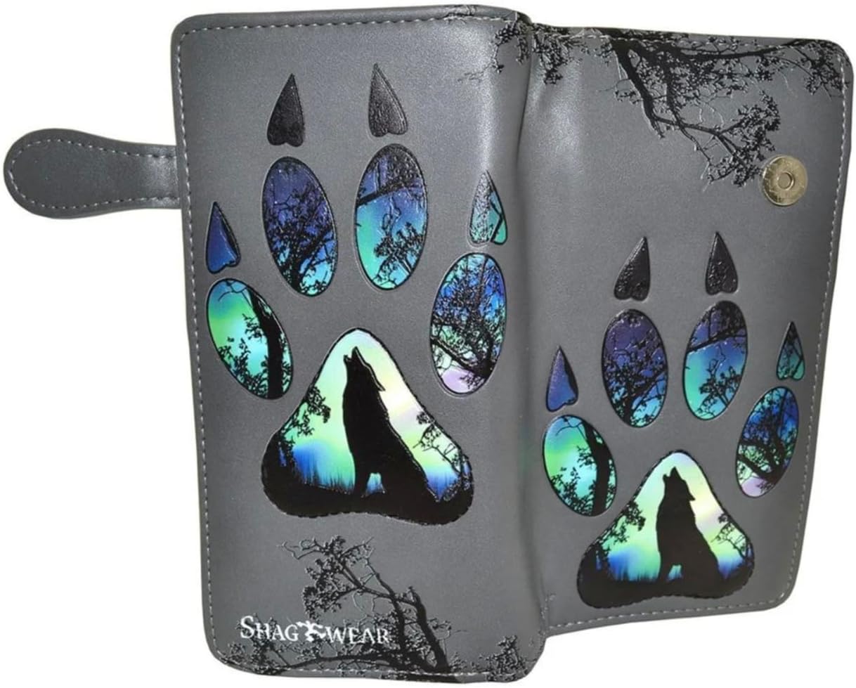 Shag Wear Wolf Paw Large Wallet Vegan Faux Leather Wildlife Design Clutch with Card Slots Bill Compartments ID Window Zippered Coin Pocket 7" Grey - Image 6