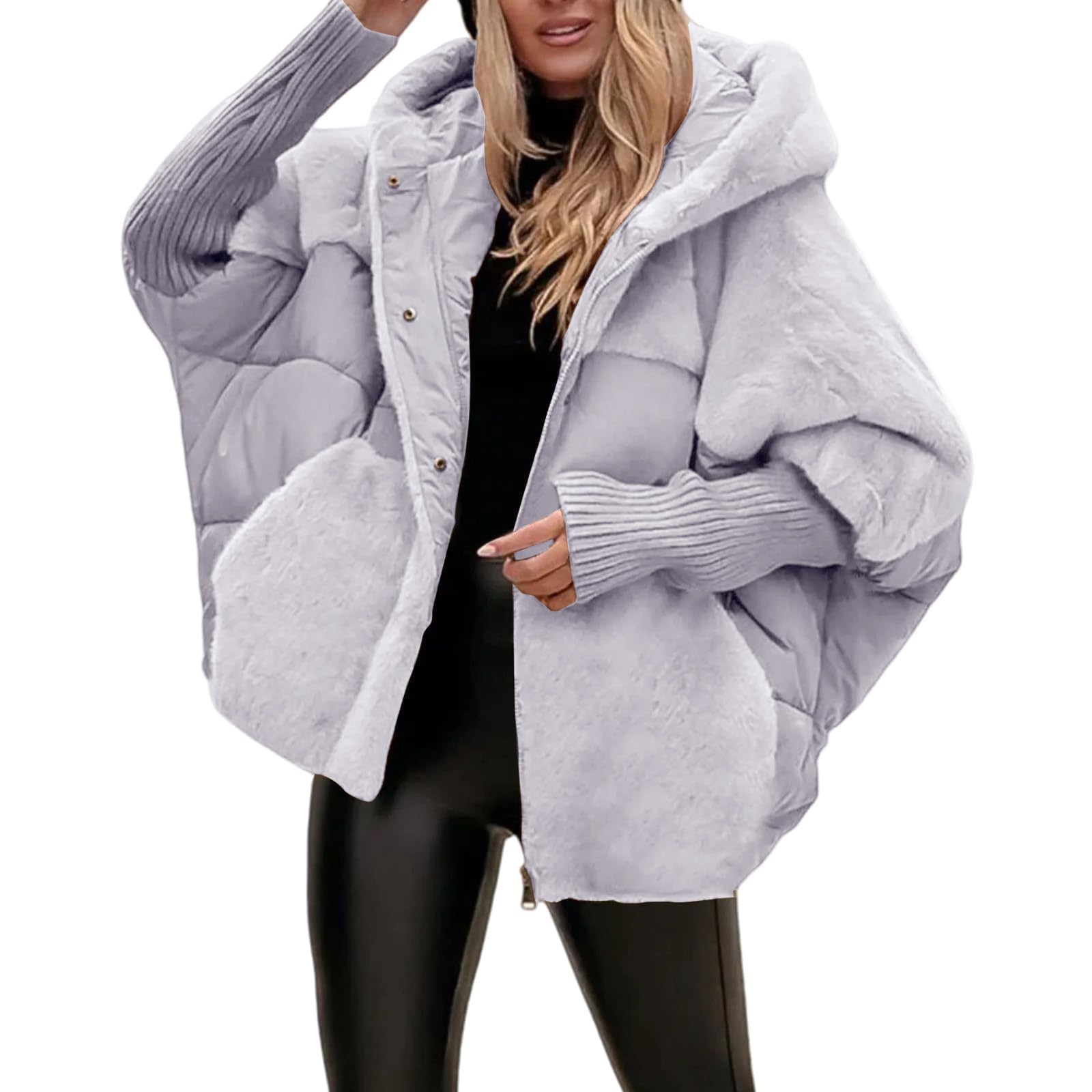 Generisch Oversized damska pikowana kurtka z kapturem, patchworkowy design, watowana, lekka i ciepła, odzież zimowa zimowa damska miś