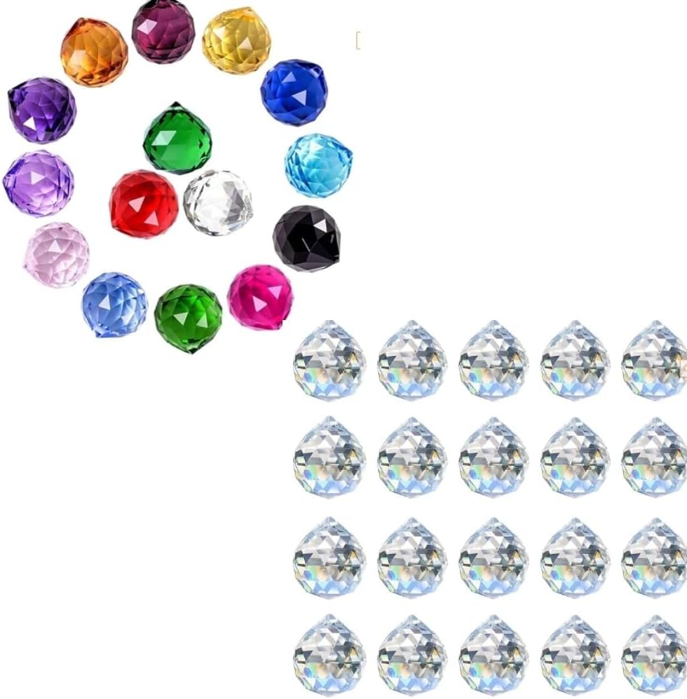 MerryNine Mixed Colorful Crystal Ball Prism with Drilled Hole Rainbow Pendants Maker, Hanging Crystals Prisms for Windows| Feng Shui| for Gift(PrismBall-30mm/14 PCS Colorful -21 PCS Clear)