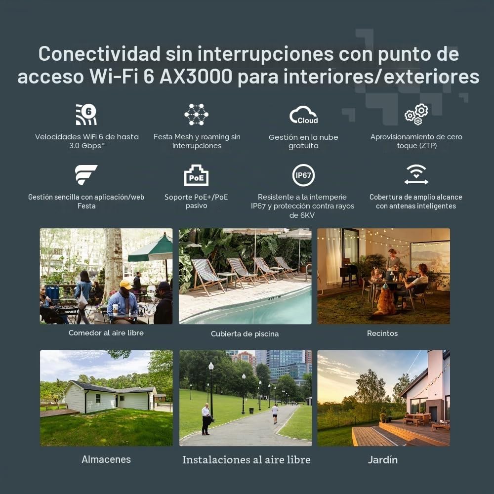 TP-Link Festa F65-Outdoor | Punto de Acceso WiFi 6 AX3000 | IP67 a Prueba de Agua, Ideal para Exteriores, 1× Puerto Gigabit, Gestión centralizada en la Nube Gratuita, Configuración y Uso fáciles.