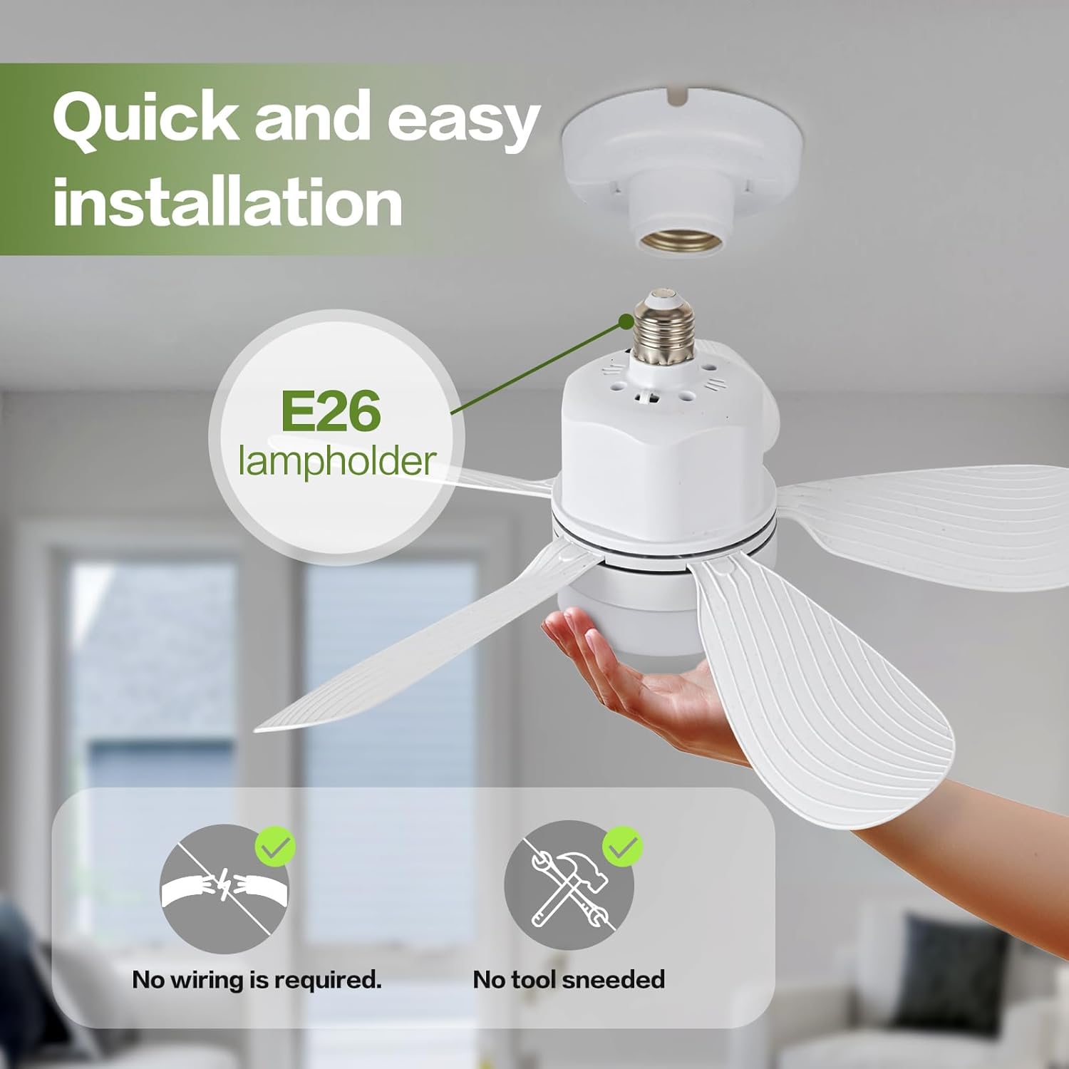 Socket Breeze Socket Fan Light with Remote Control, Portable Small Ceiling Fans with Lights for Bedroom, Kitchen, Living Room, with Dimming Function, 1000 Lumens, Screws into E26/E27 - Image 4