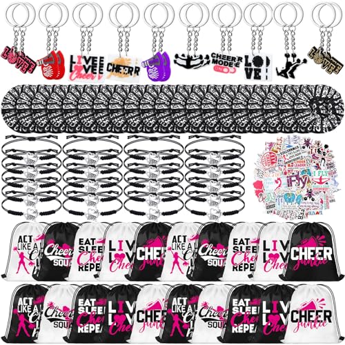 Huhumy 130 piezas de regalos de animadora, regalos de fiesta de animadora, incluyen 20 bolsas de animadora, 20 llaveros de animadora, 20 pulseras de animadora, 20 lazos para el cabello y 50