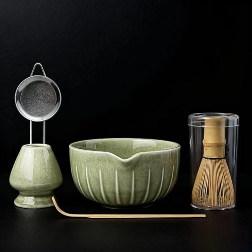 Farielyn-X Juego de batidor de matcha, juego de té japonés (5 piezas) incluye cuenco de matcha con boquilla (19 onzas), batidor de bambú, cuchara de