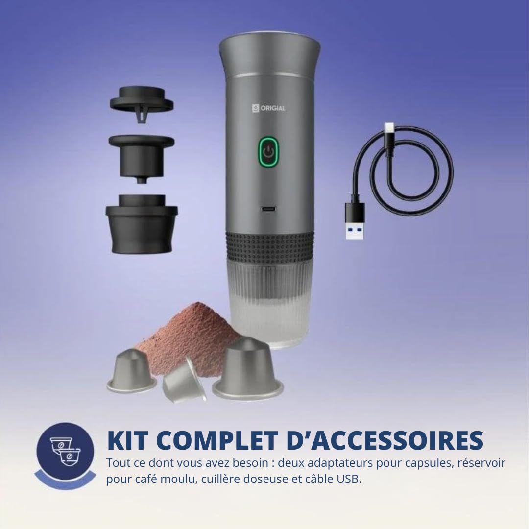 Cafetera Portátil 3 en 1 para Cápsulas y Café Molido, 20 Bares, Batería 7500mAh, Compatible Nespresso y Dolce Gusto, para Viaje, Camping, Coche y Oficina, Cafetera Portátil Gris