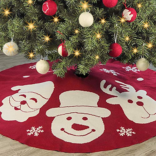 Limbridge Christmas Tree Skirt, 48 Inches Tree Skirts Knitted With Snowflakes, Santa Claus, Reindeer, Heavy Yarn Rustic Xmas Holiday Decoration, Burgundy And Cream #TOP1