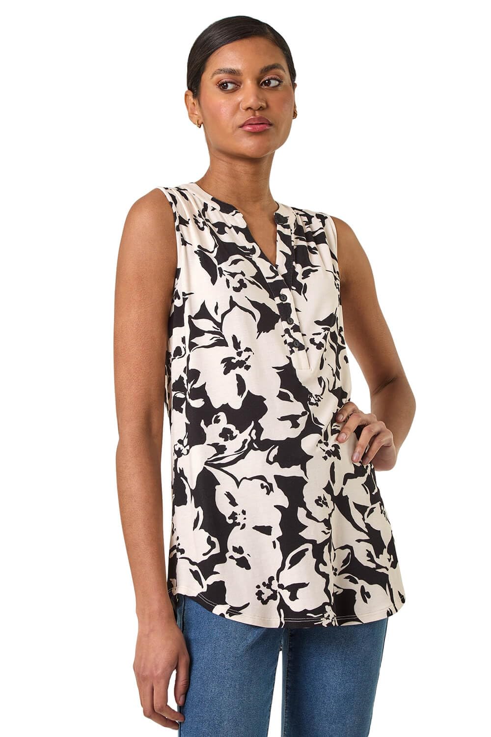 Roman Women's Floral Print V-Neck Vest Top in Black | Size: 12