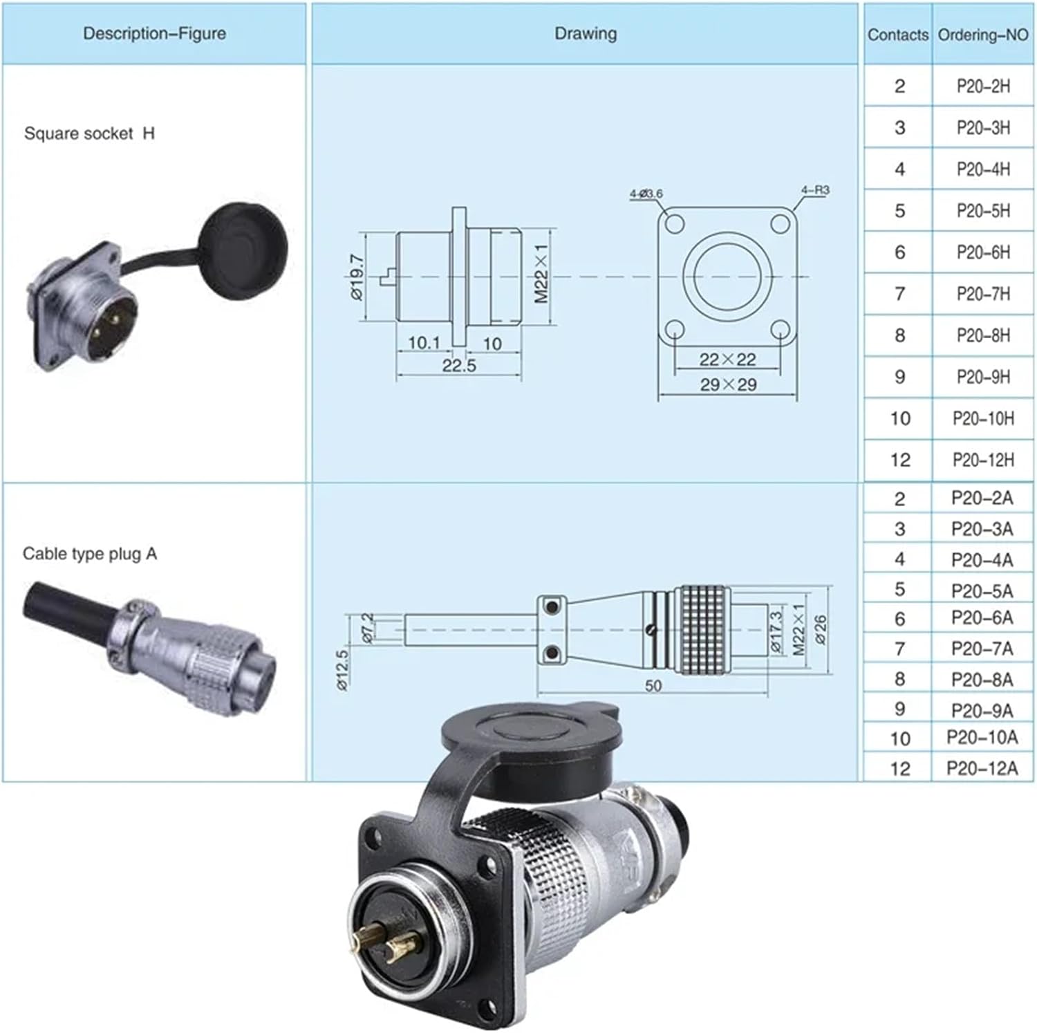 1pcs P20 Aviation Plug Square Plate PLS20 2/3/4/5/6/7/8/9/10/12Pin Connector Copper Male Female Connector 20MM Diameter(P20-6P Male Female)