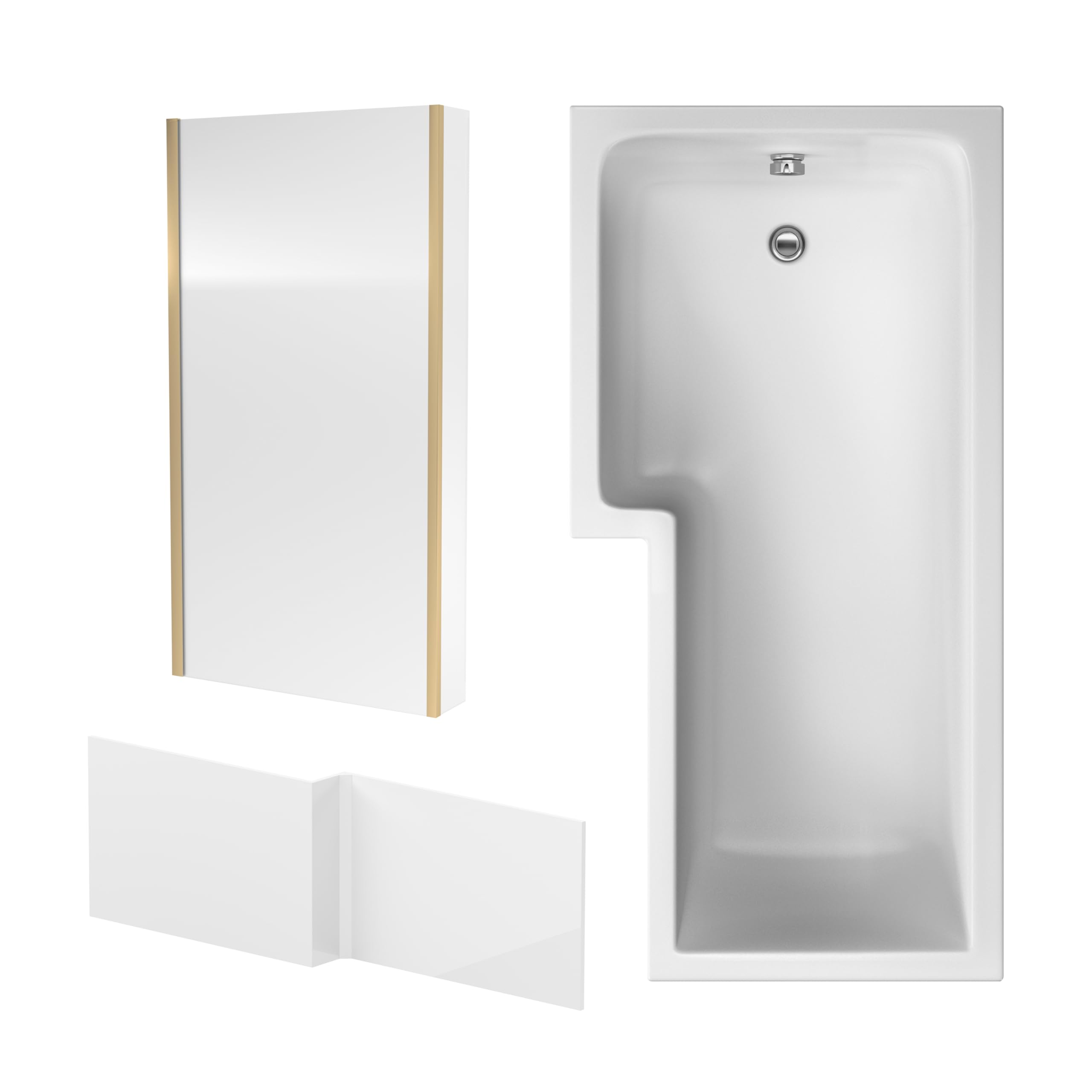 Balterley 1700 x 850mm L Shape Shower Bath with Leg Set, Brushed Brass Fixed Return Shower Screen & L Shape Bath Panel, Left Hand Single Ended Gloss White Soaking Baths, Acrylic Baths (White)