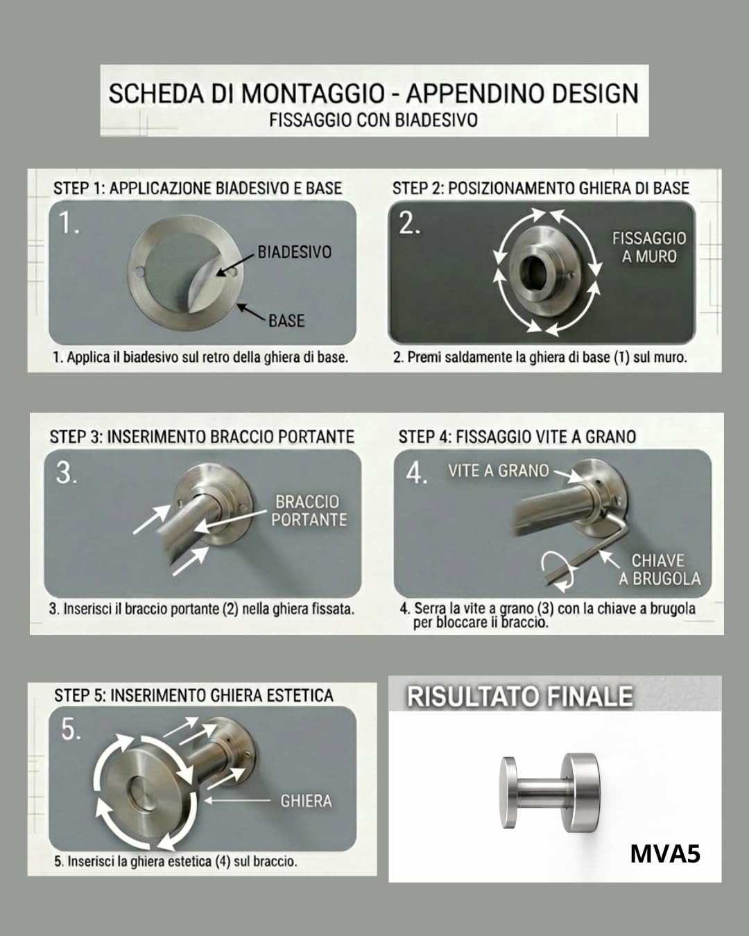 Gancio Accappatoio Bagno in Acciaio Inox AISI 316L Adesivo o con Vite | Gancio Appendiabiti da Parete, Appendino da Muro MVA5