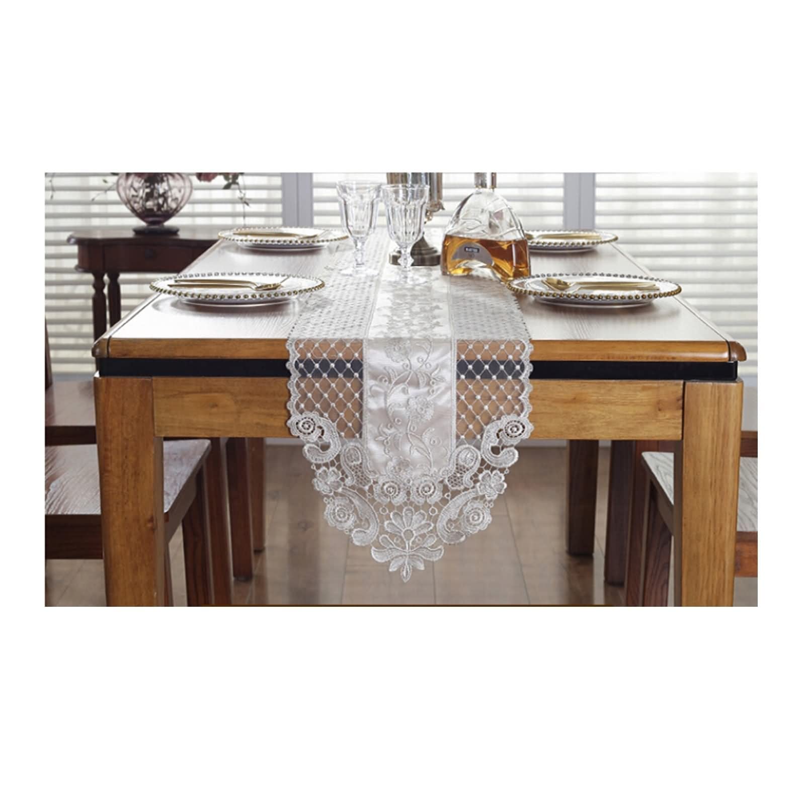 Camini da tavolo stampati, tappetini da tavolo rettangolare, motivo ricamato, in pizzo triangolare grigio champagne poliestere, 30 x 310 cm