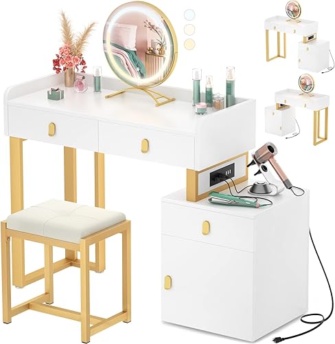 Escritorio de tocador con espejo y luces  Moderno juego de mesa de tocador de maquillaje con tomas de corriente, taburete acolchado y 3 cajones de disponible en Yaxa Colombia