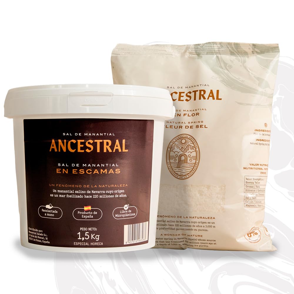 ANCESTRAL - Pack de Sal de Manantial (Escamas 1,5kg + Flor de Sal 1,5Kg) - Sal de mesa sin refinar- Sal Pura sin Microplásticos ideal para cocinar. Especial para carne y brasas.
