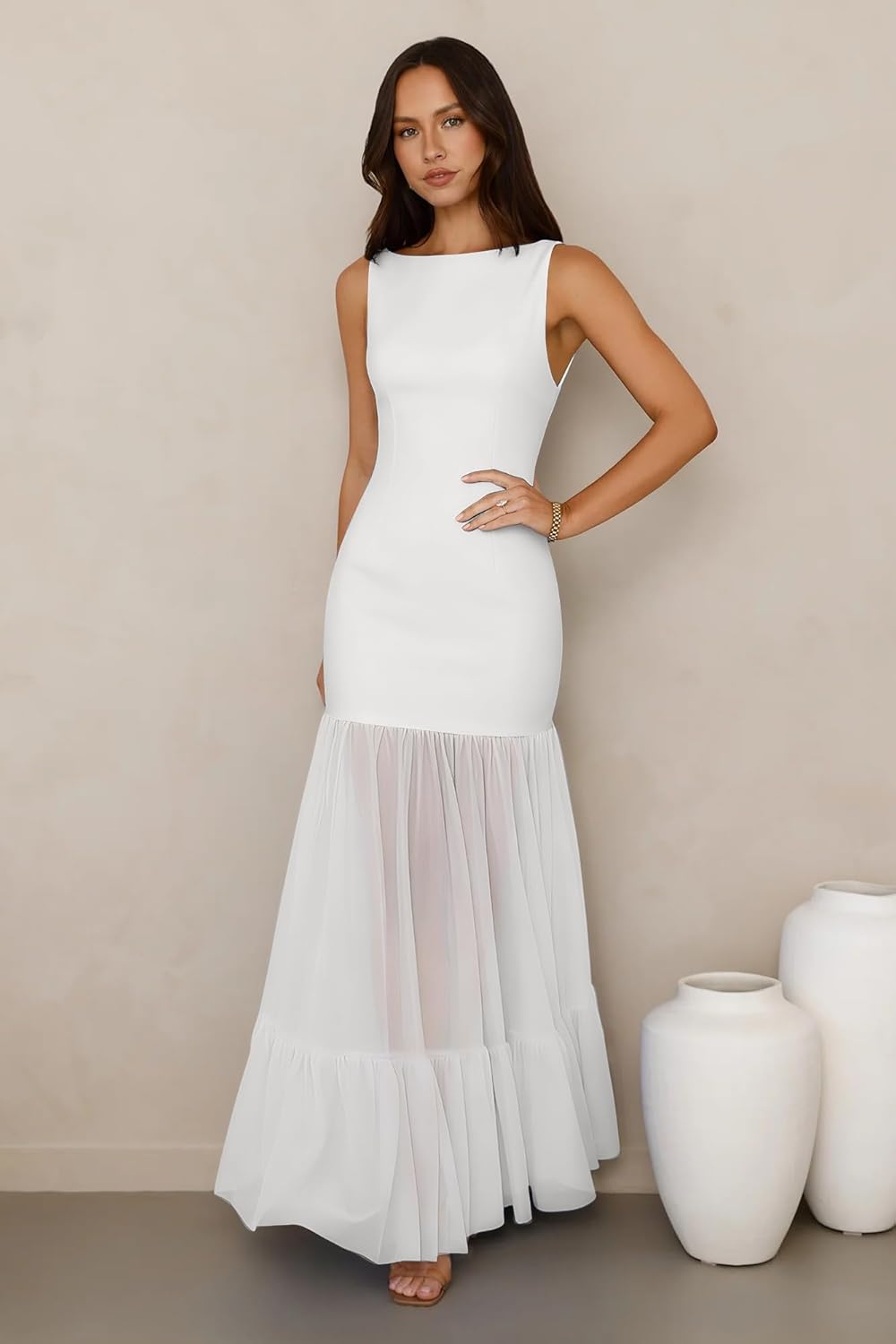 LAGSHIAN Women's Elegant Crew Neck Backless Maxi Dress Sleeveless Back Tie Mesh Evening Long Dresses - Image 5