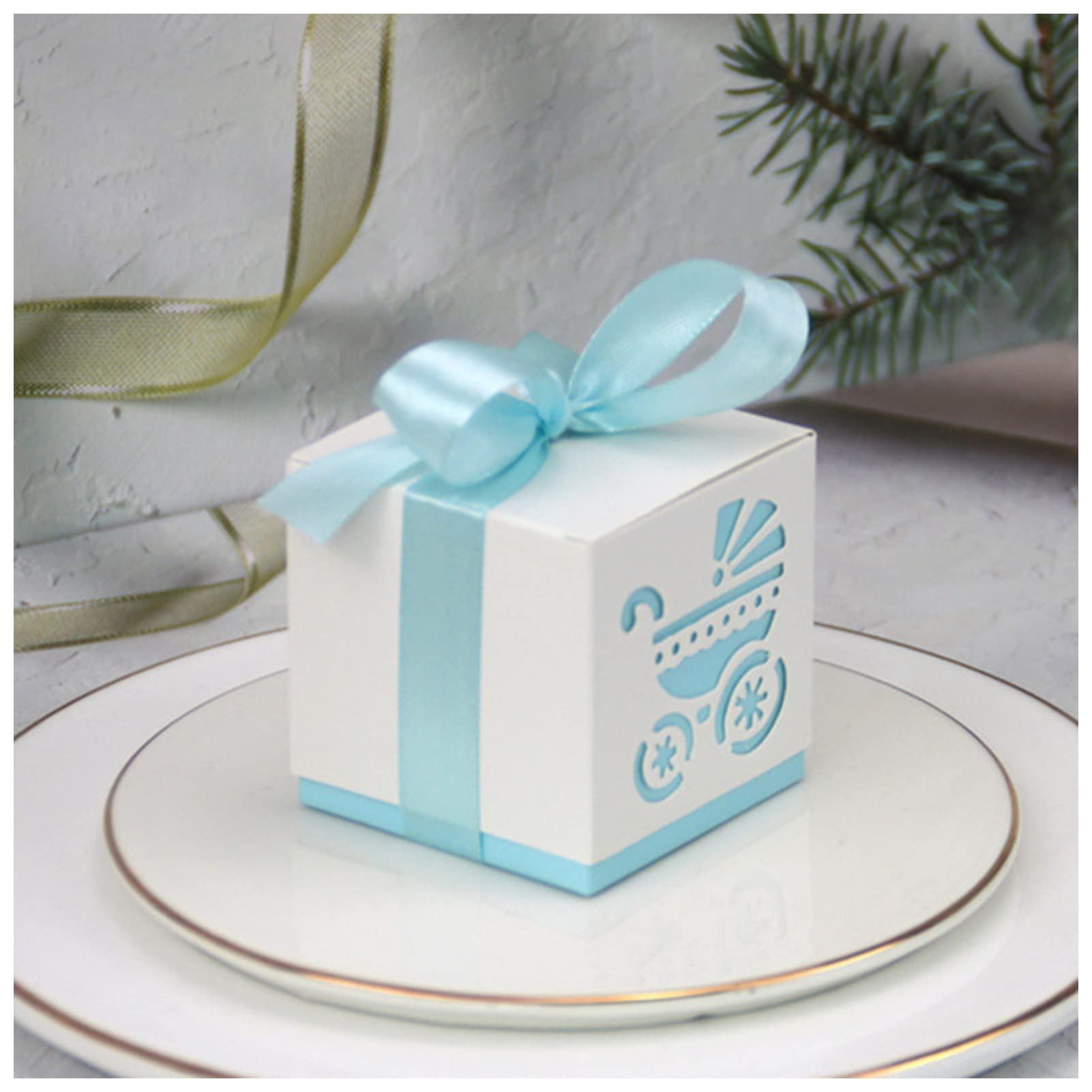 KAYLRE pudełko 20/50/100 szt. Baby Foot Candy Box Baby Shower Carriage Paper Śliczna torba Ślady Party Favor Box Chrzest Pudełko prezentowe (kolor: wózek jasnoniebieski, Si