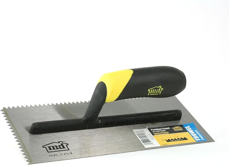 MD Building Premium Paleta con muesca en V, herramienta de instalación de azulejos, 1/4 pulgadas x 3/16 pulgadas | Mango ergonómico de TPR, extensión uniforme del adhesivo, uso en paredes de piso de mortero, herramienta profesional para contratistas, minimiza el desperdicio