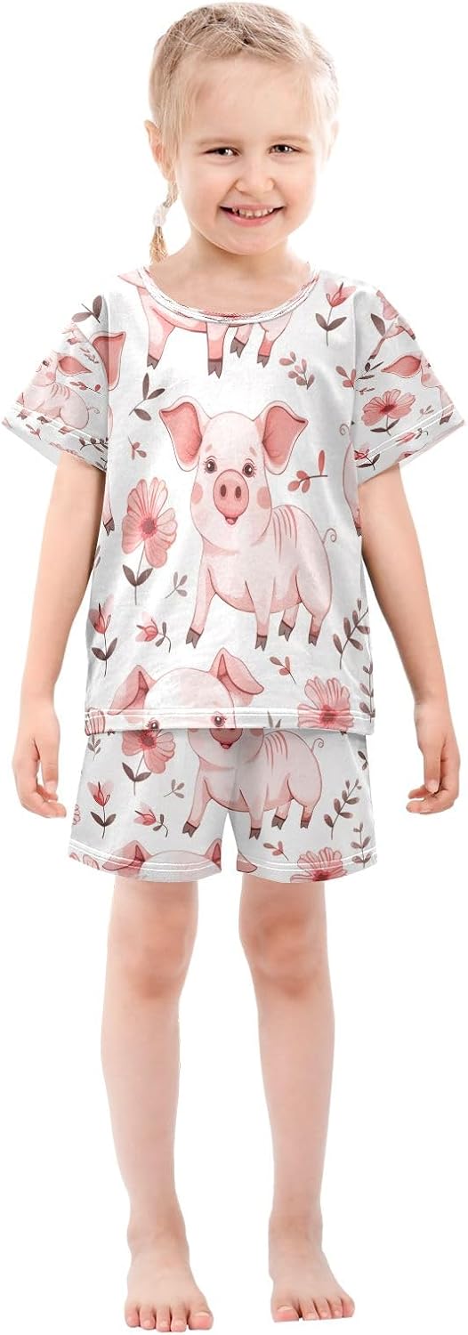 senya Pink Flower Pig Summer Pajamas Set Short Cotton Sleepwear 2 Piece - Image 2